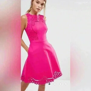 87. Ted Baker - Fuchsia Sleeveless Lace Embroidery A-Line Midi Dress Sz 0